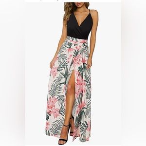 Newshows V Neck Spaghetti Strap Floral Sleeveless Casual Split Long Maxi Dress M